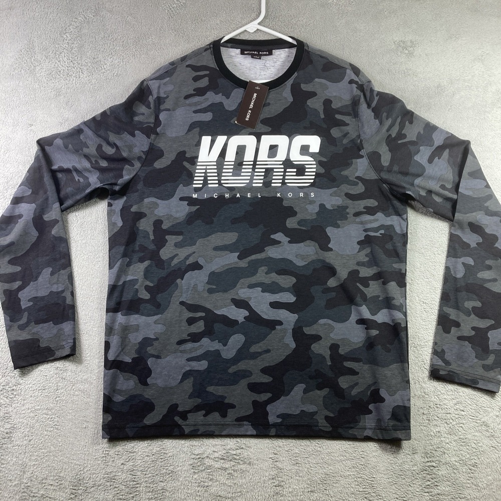 Michael Kors Shirt Adult Large Black Camouflage Long Sleeve Spell Out Tee NWT